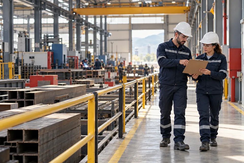 İki iş güvenliği danışmanının endüstriyel sahada incelemesi